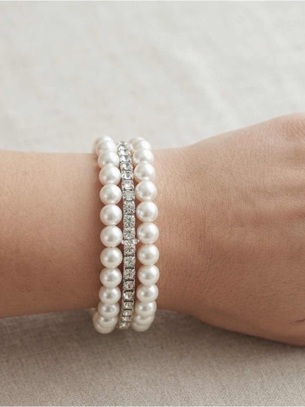 Elegant 3-Piece Pearl & Crystal Bracelet Stack Set